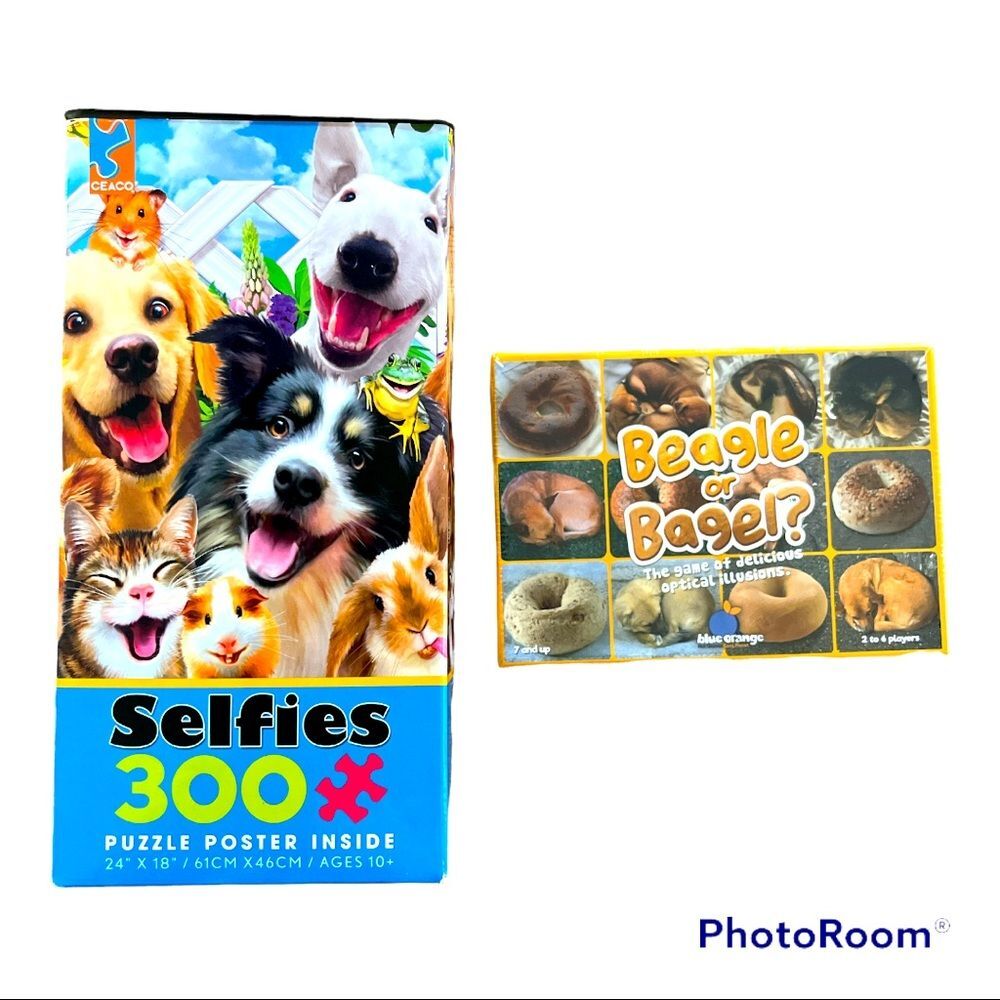 Pet Lover’s Fun!  Pet Selfie 300 piece Puzzle and Beagle or Bagel Game- New